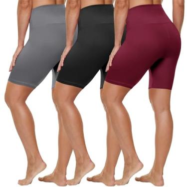 Imagem de HLTPRO Pacote com 3 shorts de motociclista plus size com bolsos para mulheres (P-4GG)- Shorts de cintura alta com controle de barriga de 20,3 cm/12,7 cm para ioga, Preto/Cinza/Vermelho Vinho, XGG