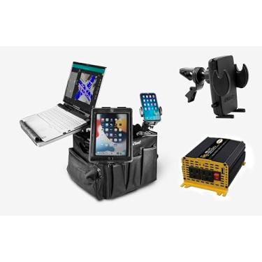 Imagem de AutoExec Estação de trabalho Milkcrate para veículos e escritório móvel com organizador de avental, suporte para celular, suporte para tablet, bandeja para laptop e clipe de ventilação de telefone