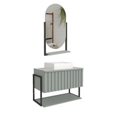 Imagem de Armário Banheiro 80cm Mdf Aço Cuba Espelheira Porta Pistache