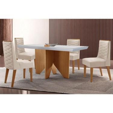 Imagem de Conjunto Sala de Jantar Nevada c/ Tampo Madeirado c/ Vidro Canto Curvo 120x80cm e 4 Cadeiras Dafne Madeira Maciça Naturale/Off White - Capuccino/Suede