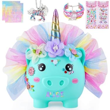 Imagem de Piggy Bank Play Tailor Unicorn para meninas com adesivos DIY