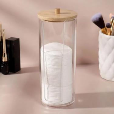 Imagem de Organizador de Banheiro em Acrílico com Tampa de Bambu, Porta Algodão e Astes flexiveis , Recipiente Transparente para Armazenamento