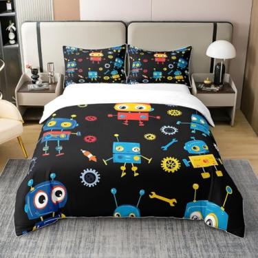 Imagem de Jogo de cama solteiro com desenho de robô infantil, 100% algodão, círculos geométricos coloridos, xadrez, decoração para meninos e meninas, adolescentes, capa de edredom moderna, 1 fronha (sem edredom