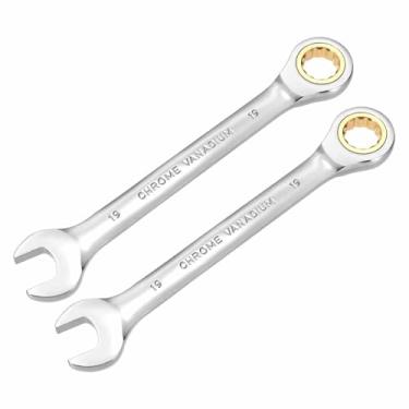Imagem de HARFINGTON 2 chaves de catraca de 19 mm métrico 12 pontos CR-V aço cromado alongar caixa dupla chave catraca de extremidade aberta com 72 dentes e chave inglesa de engrenagem giratória de 5° para