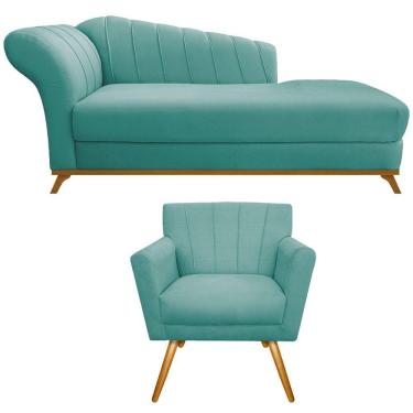 Imagem de Kit Diva Recamier Vanessa 160cm Lado Direito E 01 Poltrona Laura Suede Cor Azul Tiffany