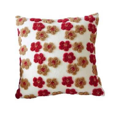 Imagem de Capa de travesseiro floral tufada vermelha e bege 45x45cm em pele de c