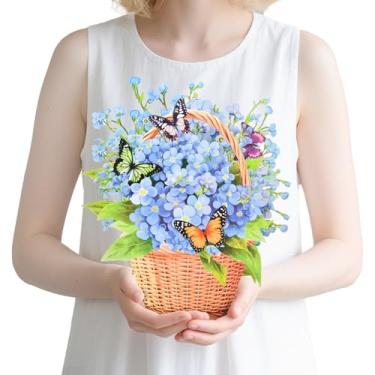 Imagem de Cartão de felicitações pop-up 3D, cesta de flores de buquê azul e estampa de borboleta, cartão colorido de decoração de primavera e verão