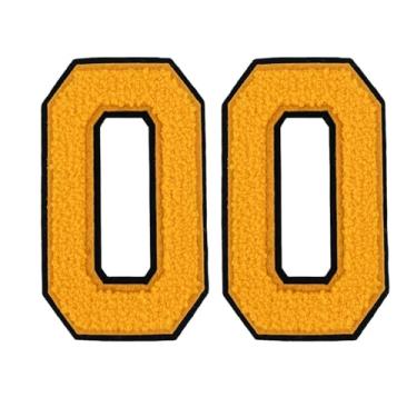 Imagem de 2 peças de adesivos de números de chenille amarelo de 12,7 cm com borda preta, aplique de ferro para roupas, jaquetas, mochilas, adesivos de número grande estilo universitário par com patch de letras
