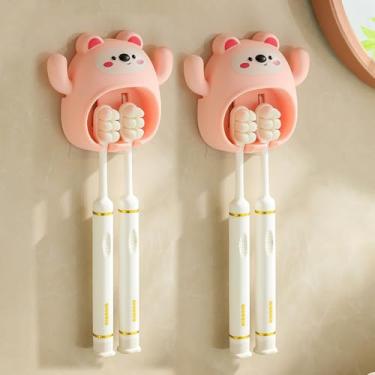 Imagem de 2 peças/conjunto de suporte de escova de dentes de desenho animado bonito gancho de montagem de parede engraçado com ventosa de parede acessórios de decoração de banheiro presente, 8,2 * 9,8 cm (rosa)