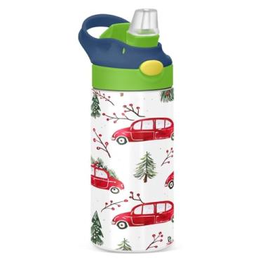 Imagem de YETTASBIN Garrafa de água de carro de árvore de Natal para crianças, 355 ml, à prova de vazamento, parede dupla, isolada, copo de viagem com tampa de canudo para meninas, meninos e crianças