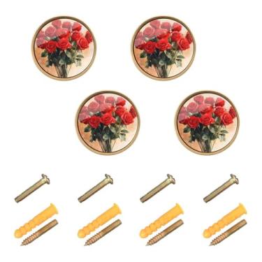 Imagem de Burbuja Maçanetas de armário de cozinha Valentine Bunch of Roses, pacote com 4, puxadores redondos de 3,5 cm, puxadores de cômoda com parafusos para cozinha, quarto, armários, armário