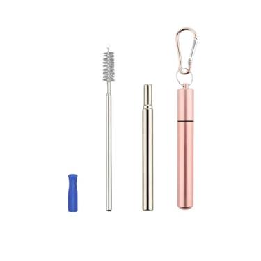 Imagem de Canudos reutilizáveis, canudos dobráveis de metal portátil, reutilizáveis, dobráveis, de aço inoxidável, para viagem, canudo telescópico com estojo, escova limpa, ouro rosa