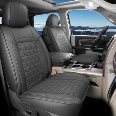 Imagem de Coverado Capas de assento de carro de couro, capas de assento Dooge Ram 1500 impermeáveis compatíveis com Dodge Ram 1500 2500 3500 2002-2025 com banco plano (conjunto completo, cinza escuro)