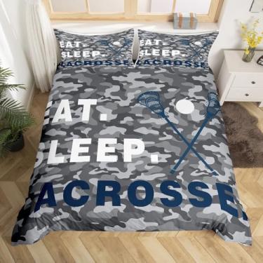 Imagem de Feelyou Jogo de cama queen de lacrosse, crianças, comer dormir, para meninos e meninas, adolescentes, camuflagem, capa de edredom com tema esportivo (sem edredom