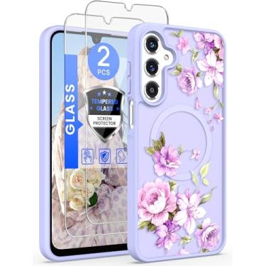 Imagem de Yucenx Capa de telefone floral para S26 com 2 protetores de tela, capa protetora magnética translúcida fosca fosca de grau militar para meninas mulheres e mulheres para S26 (Roxo)