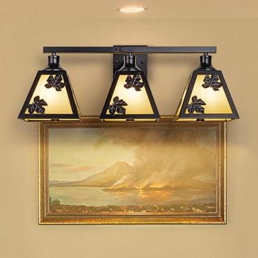 Imagem de TOCHIC Luminárias de banheiro rústicas, luz de vaidade de casa de fazenda de 3 luzes sobre o espelho, arandelas de parede pretas com folhas de bordo, lâmpada de parede regulável para armários, lavabo