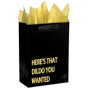 Imagem de WRAPAHOLIC Sacos de presente de aniversário engraçados de 33 cm com papel de seda - Sacos de papel dourados pretos "Here That Dildo You Wanted para embrulho de aniversário, adultos, homens e mulheres