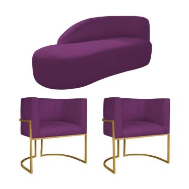 Imagem de Kit Divã Luna 140cm Lado Esquerdo E 02 Poltronas Base De Ferro Dourado Suede Roxo