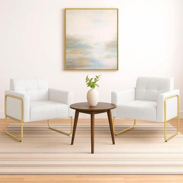 Imagem de Poltrona Sala Industrial Alta Tubo Dourado Kit 2 Elisa Sintético Branco D03 - D'rossi