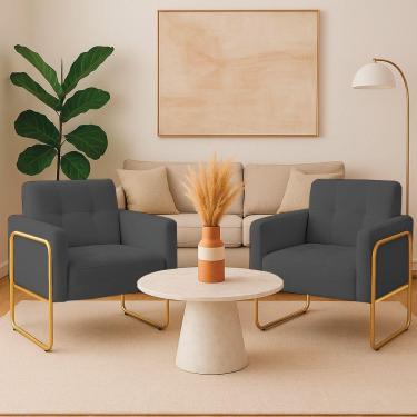 Imagem de Poltrona Sala Industrial Alta Tubo Dourado Kit 2 Elisa Bouclê Grafite D03 - D'rossi