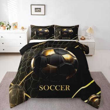 Imagem de Feelyou Conjunto de edredom de futebol para todas as estações com 1 fronha, jogo de bola de futebol, microfibra, roupa de cama de solteiro, preto e dourado, edredom respirável, macio e leve