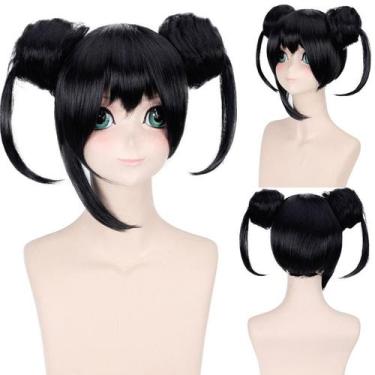 Imagem de Peruca de cosplay preta com tranças e pãezinhos de 45 cm para todas as