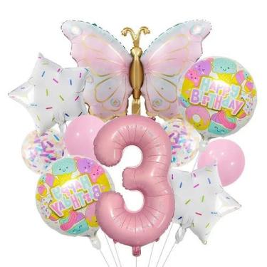 Imagem de Conjunto de balões com tema Butterfly & Donut para 3º aniversário x10 