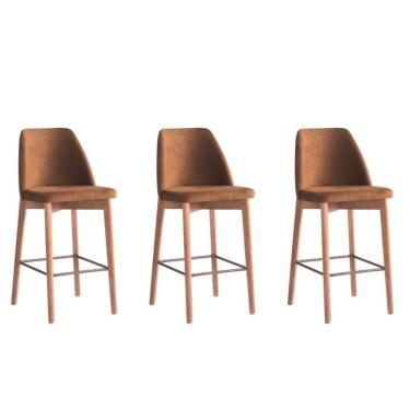 Imagem de Kit 3 Banquetas Decorativa Gourmet Berlim Assento Tecido Base Fixa Madeira Altura 106 c...