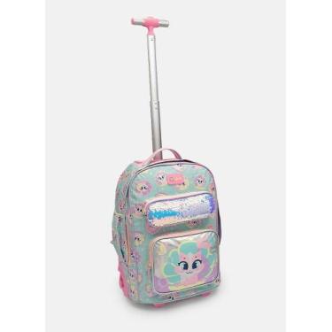 Imagem de Mochila com rodinha grande gata sereia paetê verde agua puket