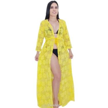 Imagem de Saída de praia longa rendada arrastão manga 3/4 com cinto - Tropicana 