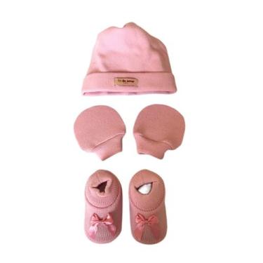 Imagem de Kit Sapatinho + Luva + Touca de Tricot Rosa Bebê Fio de Amor Baby