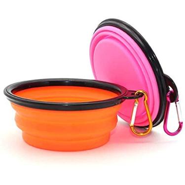 Imagem de maogear Tigela dobrável para cães, pacote com 2 tigelas de água dobráveis para cães e gatos, regador portátil para alimentação de animais de estimação para caminhar, estacionar, viajar com 2 mosquetões (laranja + rosa)