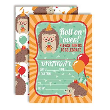 Imagem de Convites de festa de aniversário temáticos de ouriço fofo para crianças, 20 cartões de preenchimento de 12,7 cm x 17,7 cm com vinte envelopes brancos da AmandaCreation