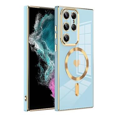 Imagem de LXURY Capa magnética para Samsung Galaxy S23 Ultra/S23 Plus/S23, capa galvanizada antidigitais com suporte para carregamento sem fio, azul, S23 de 6,1 polegadas