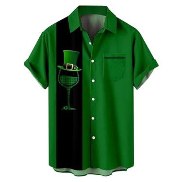 Imagem de Camisetas masculinas divertidas do Dia de São Patrício Green Clover Saint Pattys Day Bowling de manga curta com botões, 012 - Verde, M