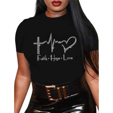 Imagem de Camiseta feminina com estampa de strass, engraçada, engraçada, melanina, preta, letra, cristã, solta, verão, Hope - preto, P