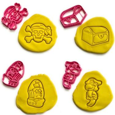 Imagem de Conjunto de 4 peças de cortadores de biscoito T3D, pirata, cofre do tesouro, navio de papagaio, adequado para bolos, molde de biscoito e fondant para petiscos caseiros, cães