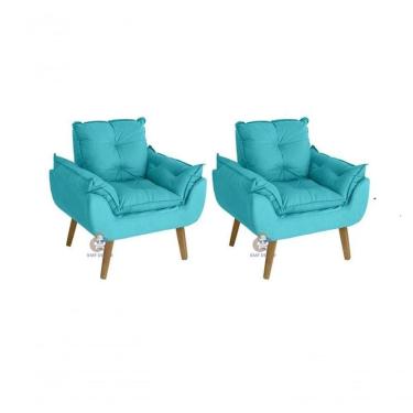 Imagem de Kit 02 Poltrona/cadeira Decorativa Glamour Com Pés Quadrado Azul Turquesa