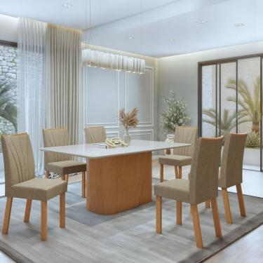 Imagem de Conjunto Luar 170cm Tampo MDF com Vidro e 6 Cadeiras Apogeu Amêndoa Clean/Off White/ Bege