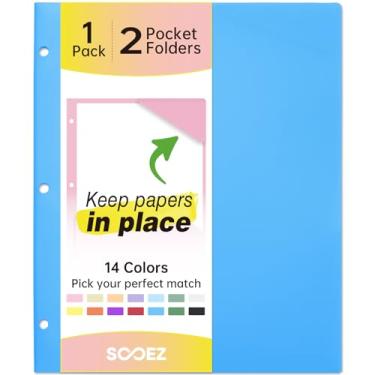 Imagem de Sooez Pastas de 2 bolsos, pastas de plástico com bolsos perfurados com 3 furos, 1 pacote de pastas para fichário de 3 anéis com etiquetas, pasta de fichário resistente para documentos, pasta de