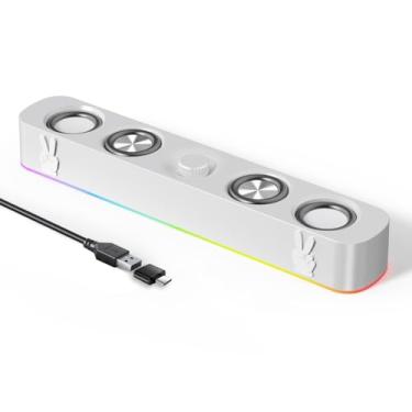 Imagem de Uakinat Alto-falantes de computador, barra de som alimentada por USB com fio com som estéreo de 10 W para PC desktop (branco)