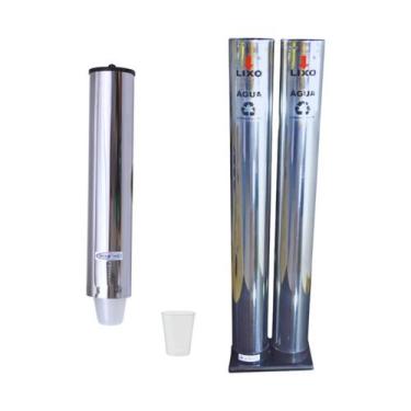 Imagem de Kit Dispenser Inox Porta Copo Água 200ml + Coletor Lixeira Duplo - Ald