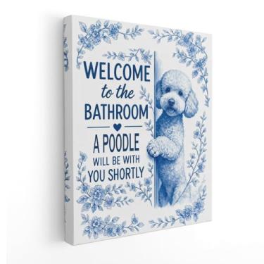 Imagem de APJYM Arte de parede de banheiro com poodle floral chinoiserie, decoração de banheiro de cachorro, azul e branco Grandmillennial Poodle arte de parede em tela para banheiro, banheiro, banheiro