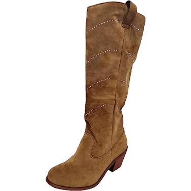 Imagem de Botas femininas de salto grosso médio largura extra larga cano alto cano cano alto moda retrô clássica bota de inverno larga cano médio, Amarelo, 35 BR