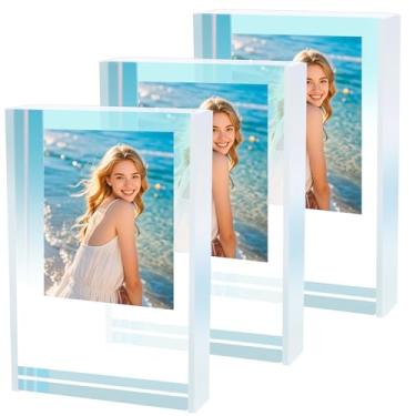 Imagem de KHZSPP Pacote com 3 porta-retratos de acrílico, mini, 5,3 x 8,6 cm, transparente para presente, porta-retrato flutuante sem tapete para parede e mesa, arco-íris iridescente