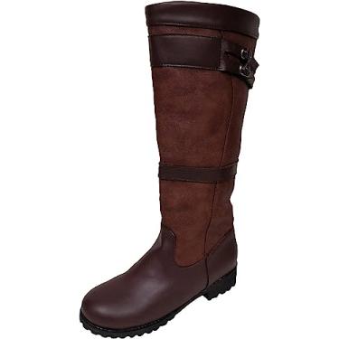 Imagem de Botas de equitação femininas de salto grosso botas de cano alto sem fecho, botas de inverno largas até o meio da panturrilha, moda retrô clássica, Café, 39 BR