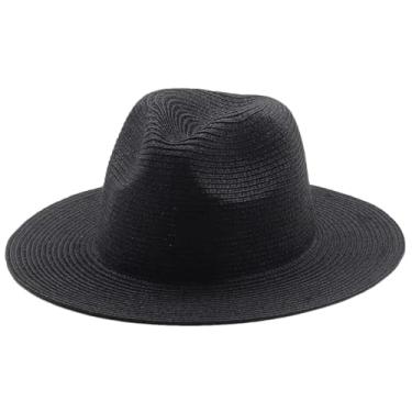 Imagem de Chapéu de palha Panamá de verão masculino e feminino, aba larga, proteção UV, chapéu Fedora, preto, 56-58 cm