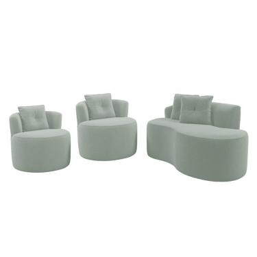 Imagem de Kit Sofá E 02 Poltronas Orgânicas Living Bob Com Almofadas Bouclê Verde Menta - Desk Design