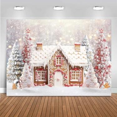Imagem de Mocsicka Pano de fundo de casa de gengibre de Natal, pano de fundo de floco de neve, decoração de Natal para casa de pão de gengibre, adereços de cabine de fotos com tema Candyland (branco, 2,4 x 1,8