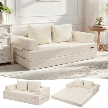 Imagem de COMAX Sofá-cama conversível, sofá dobrável de veludo cotelê dobrável futon colchão com travesseiros, sofá desossado confortável sofá para sala de estar, quarto, bege